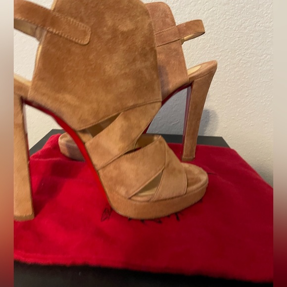 Louboutin brown suede sandal ankle wrap bootie 37.5 - Picture 13 of 15
